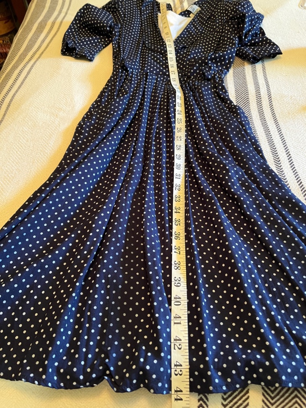 Vintage Navy Polka Dot Midi Dress with Wrap Bodice made in USA - Picture 12 of 14